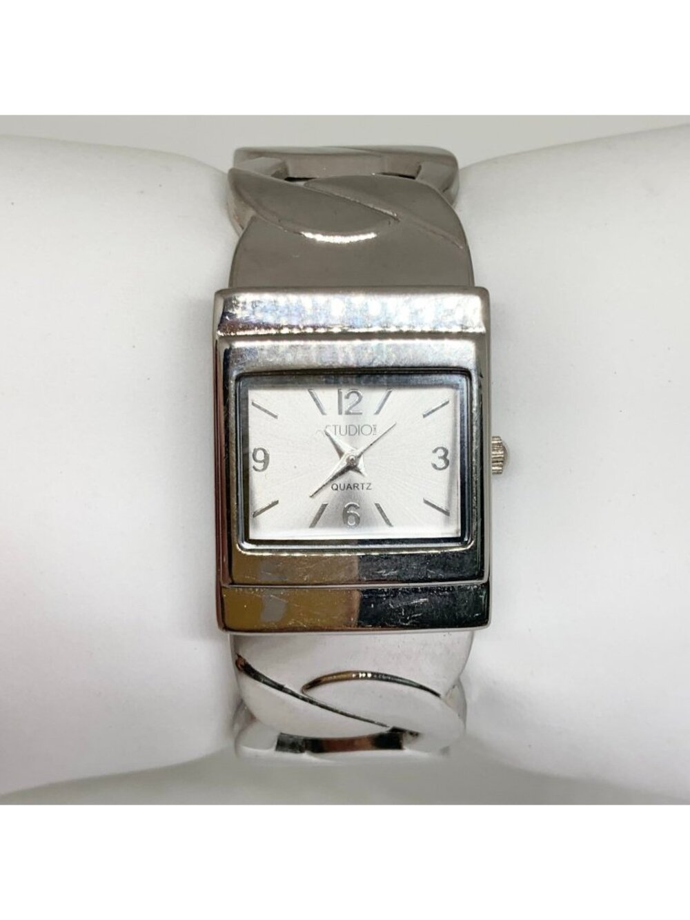 Studio silver tone women’s watch 24mm quartz cuff bracelet size 6.5” running